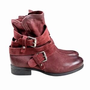 Miz Mooz 37 6.5-7 Savvy Burgundy Red Shane Leather Ankle Boots Moto Strap Biker
